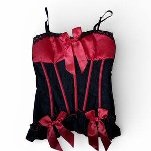 Whimsigoth Victorian Black and Red Corset Top with Bows Lingerie Medium